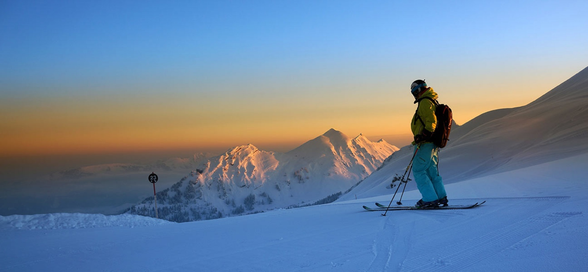 Sonnenuntergang im Skigebiet Damüls